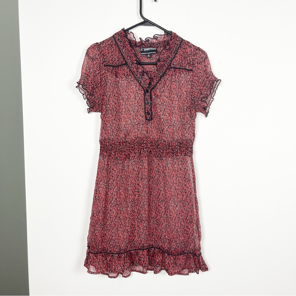 Brooklyn Industries Y2K Leopard Print Mesh Dress Gauzy Smock Sleeve Detail
